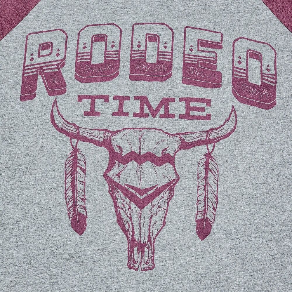 Bella Canvas LS Grey & Burgundy Unisex Baseball Tee "Rodeo Time" - Size Large